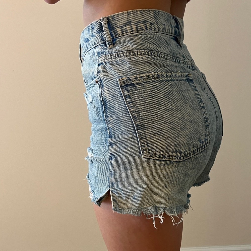Pacsun High Rise Light Denim Acid Wash Thrashed Icon Button fly Short